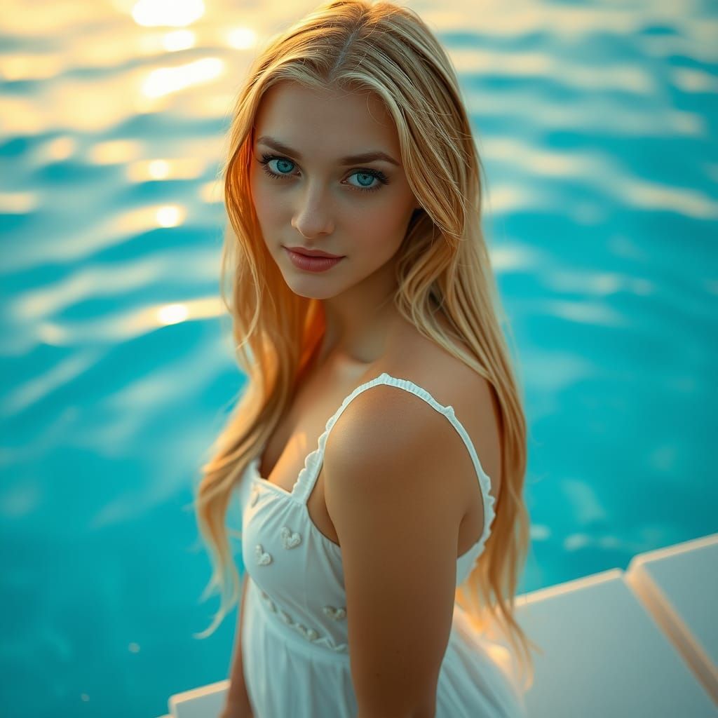 Blond Woman in Pool with Golden Light