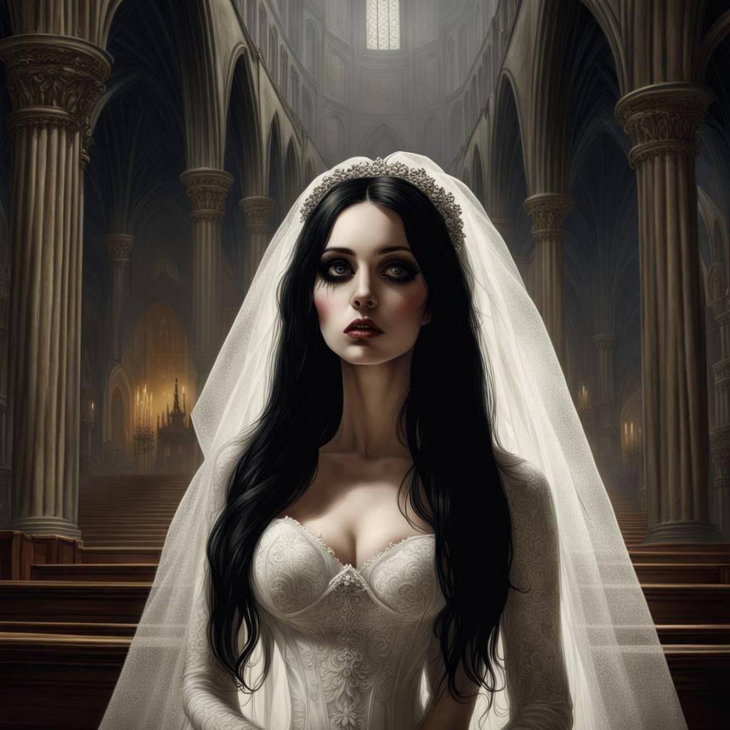 Gothic Bride in Church, Horror Engraving Style