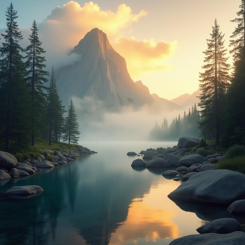 Ethereal Mountain Sunrise Over Rocky Lake