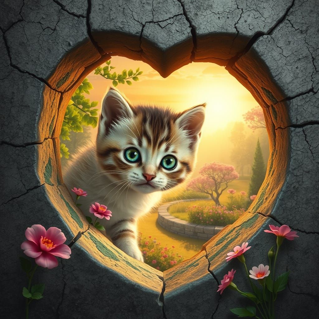 Fluffy Kitten Peeking Through Heart Wall at Sunset Garden