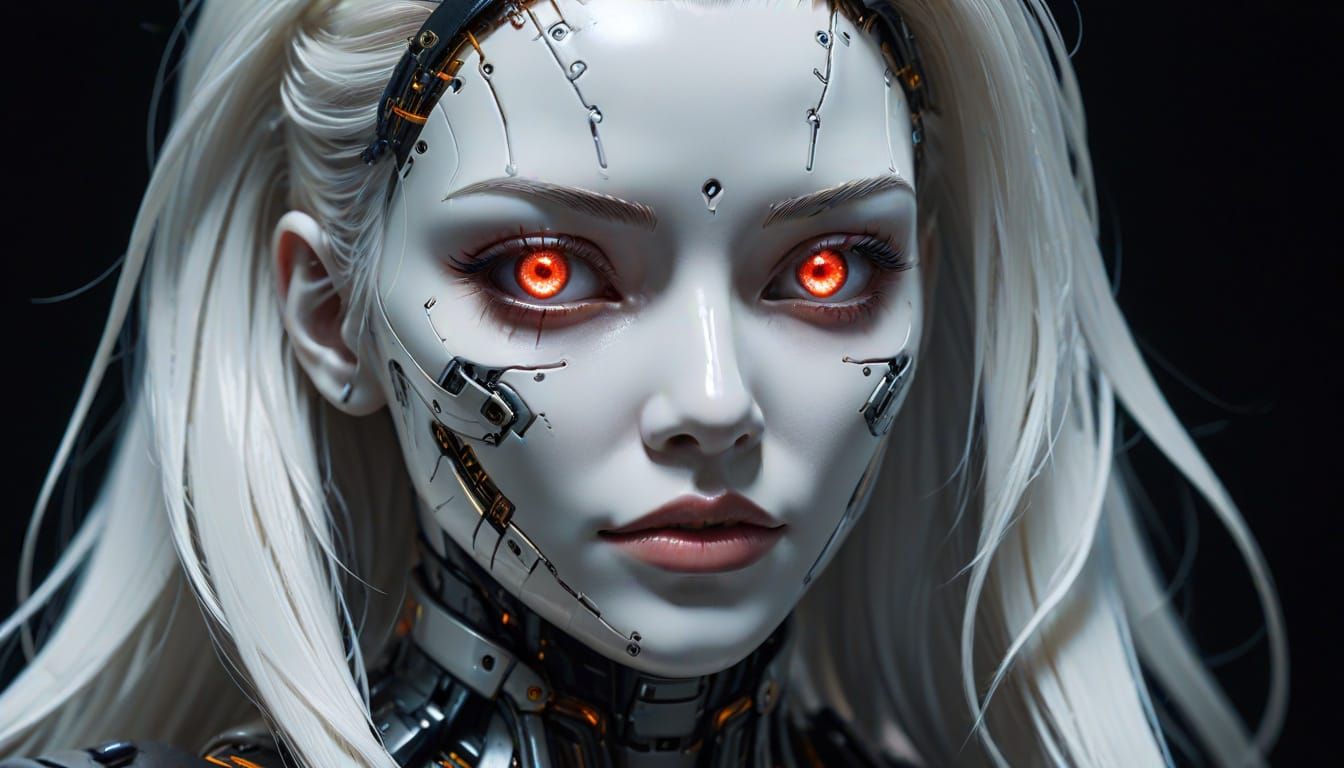 Cyberpunk Gynoid Portrait in White with Neon Lights