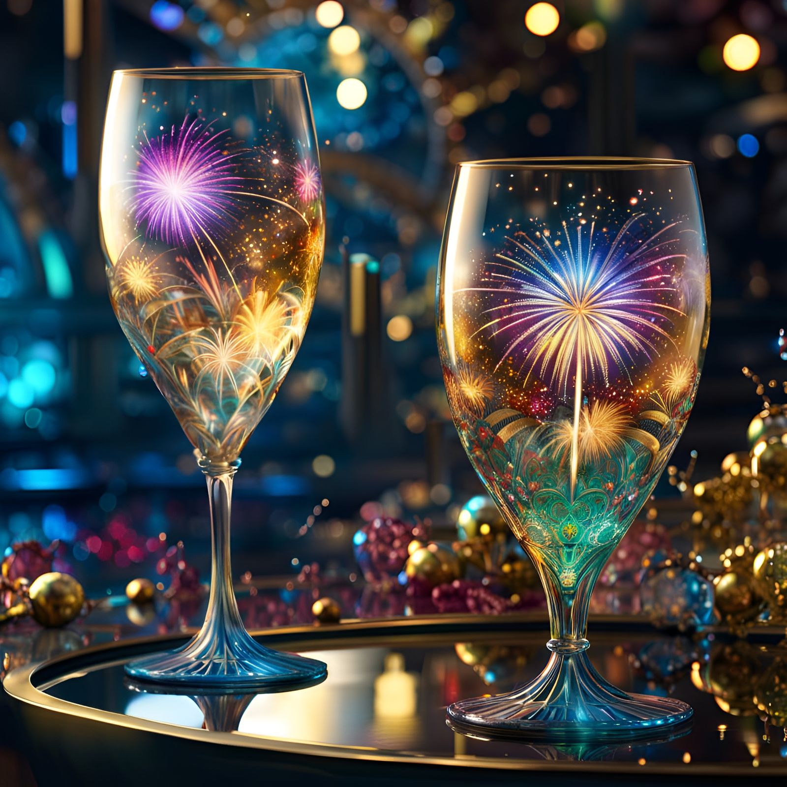 Sparkling New Year Fireworks Reflected in Champagne Glasses