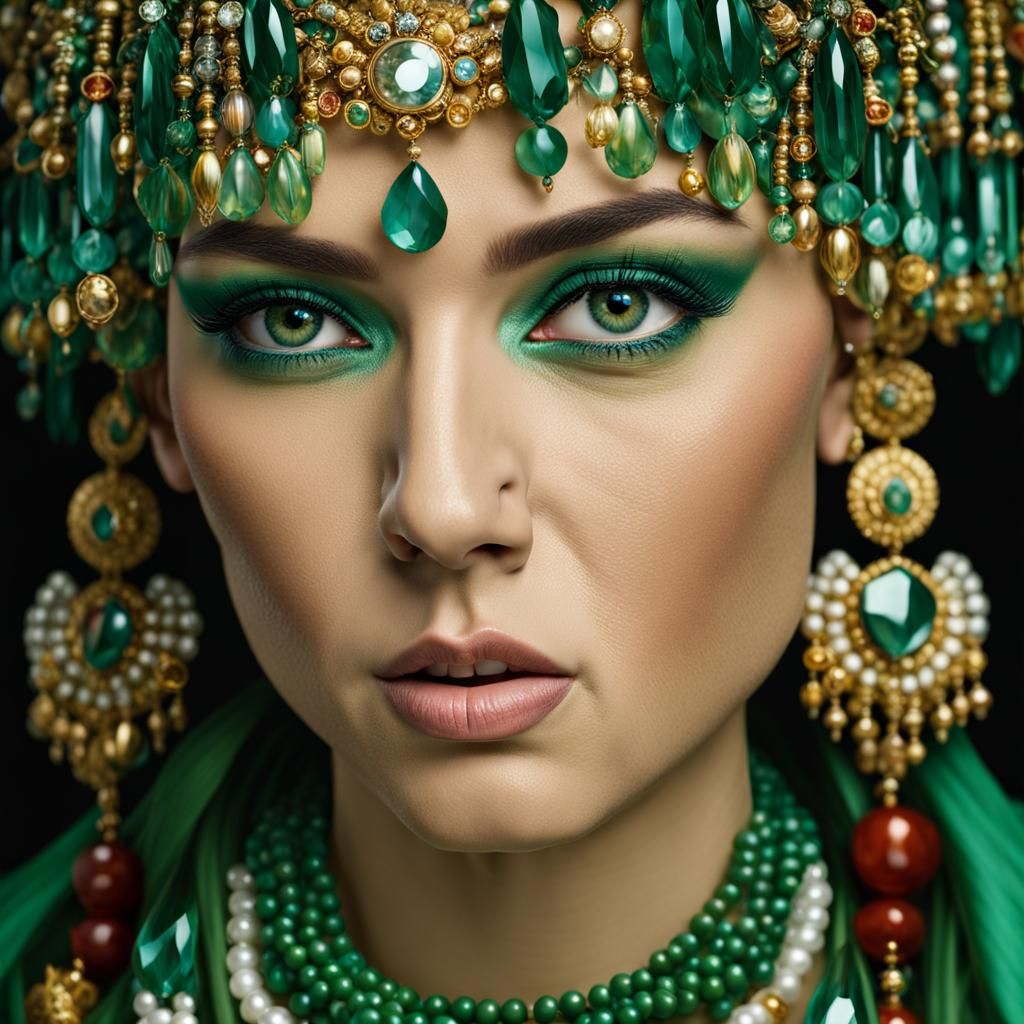 Jeweled Green-Haired Woman Portrait in Studio Lighting