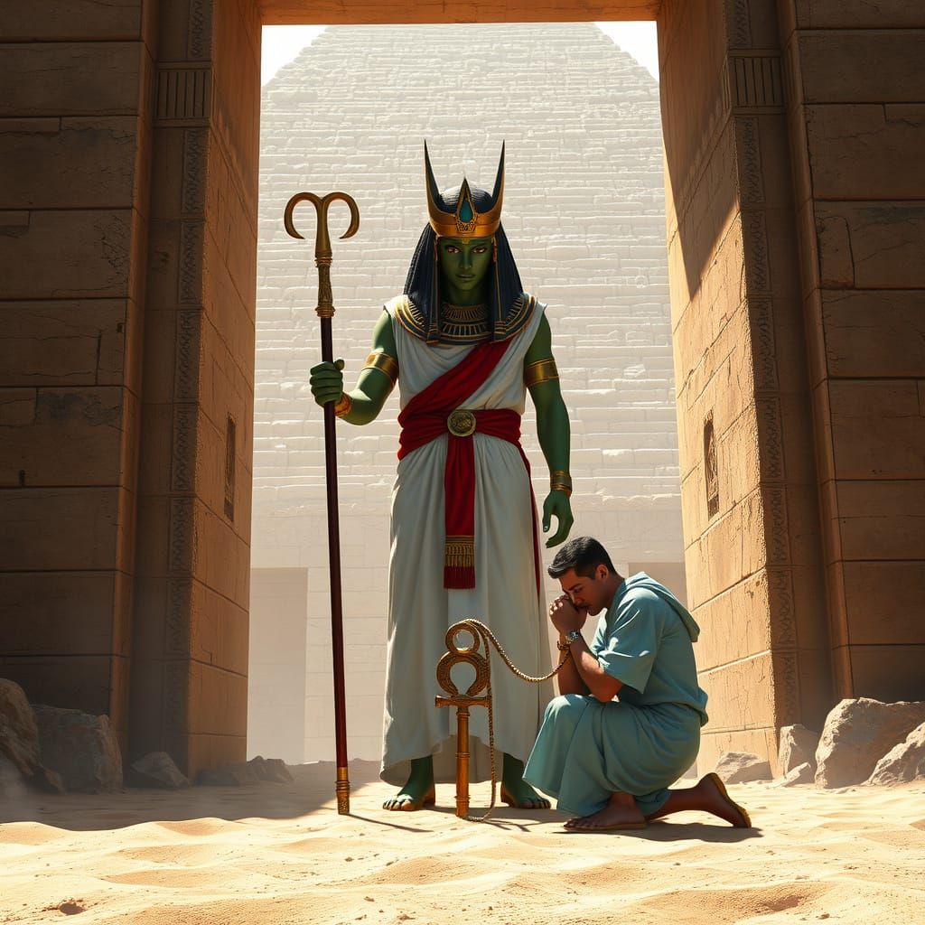 Egyptian God Osiris in Majestic Pyramid Regalia