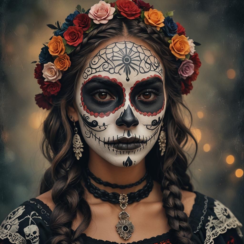 Ecuadorian Woman in Catrina Costume, Oil Painting Style
