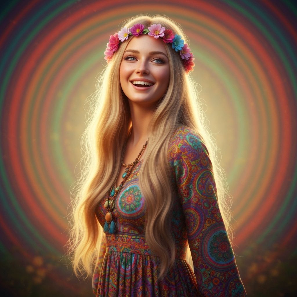 Psychedelic 60s Woman with Flower Crown in Golden Hour