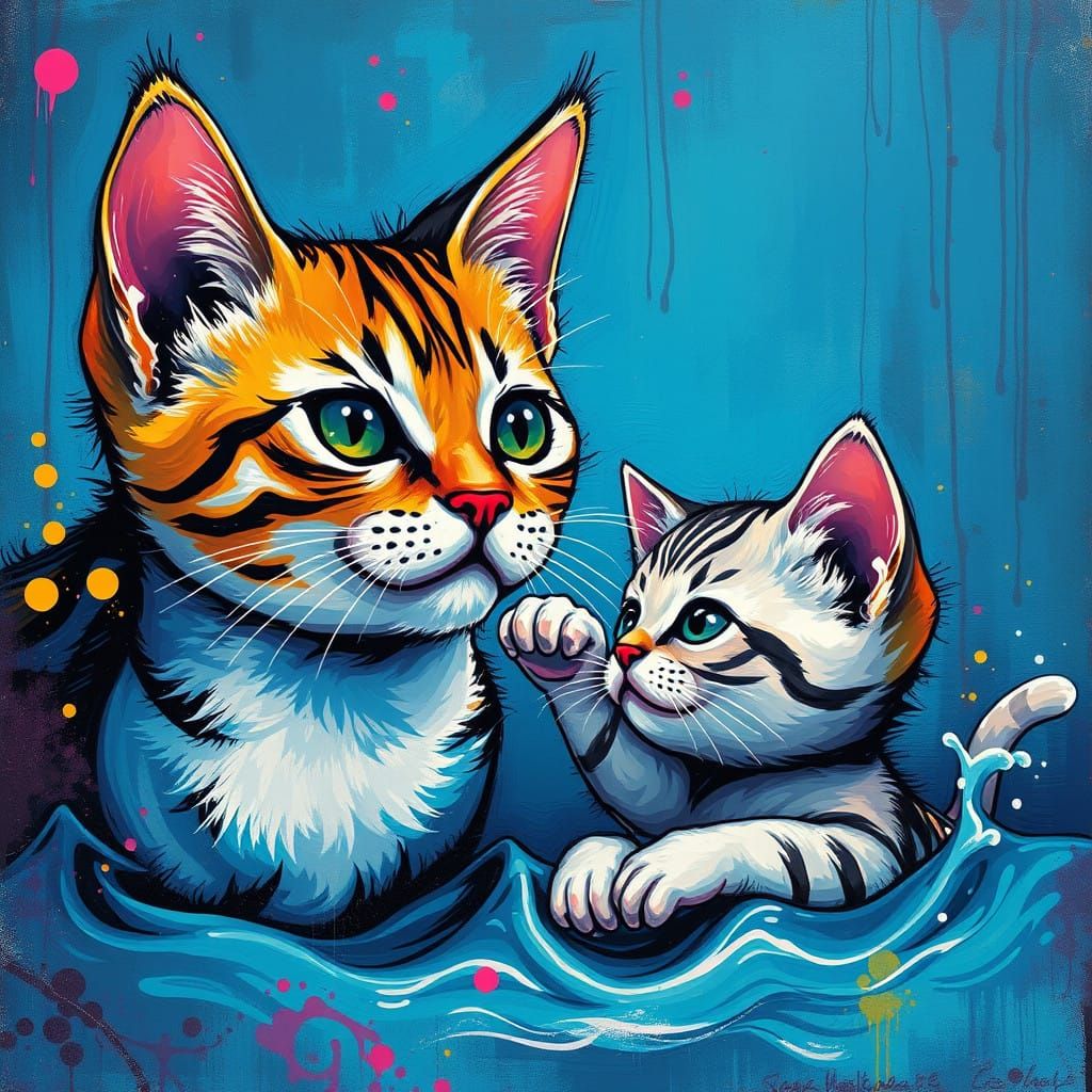 Vibrant Street Art of Cats and Kittens at Sea