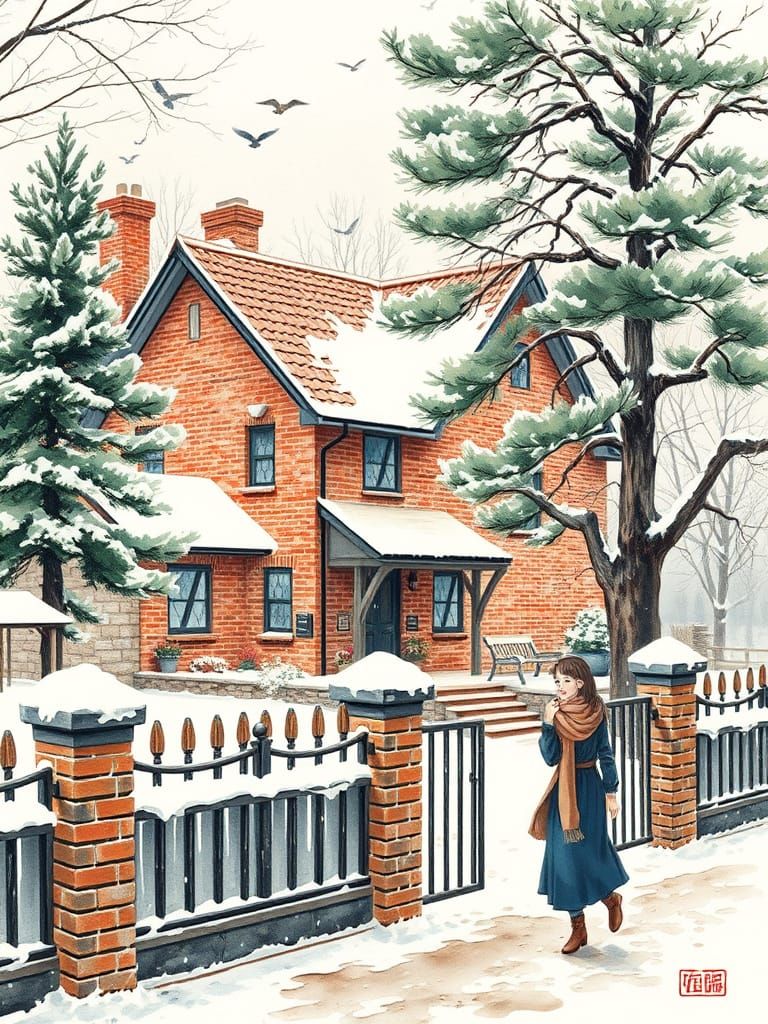 Winter Serenity in a Charming Brick Farmhouse Scene