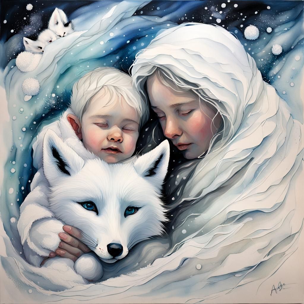 Baby and Fox Snuggling in Blizzard, Ink Art