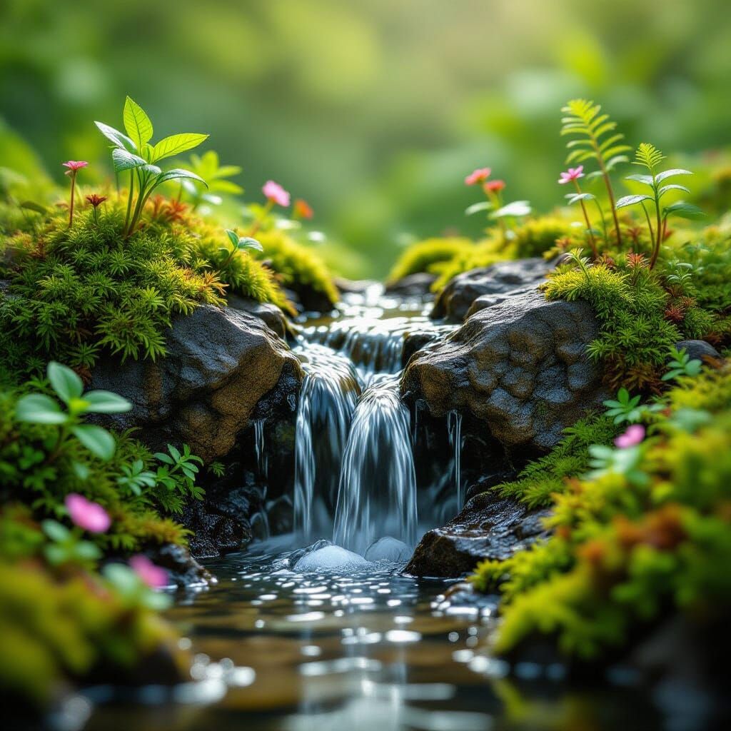 Photorealistic Macro Image of a Micro Waterfall Oasis