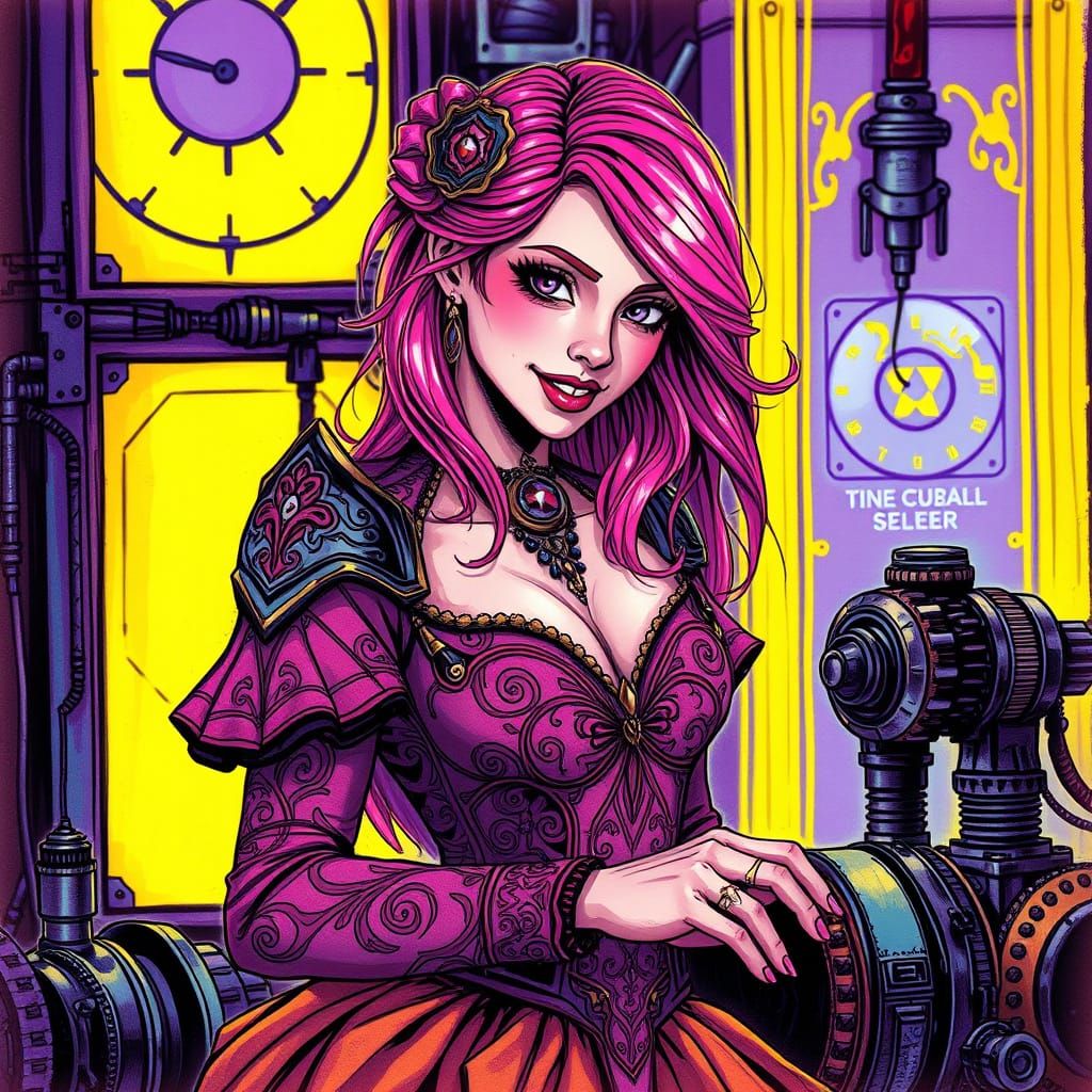 Steampunk Woman Repairs Machine in Alcohol Ink Style