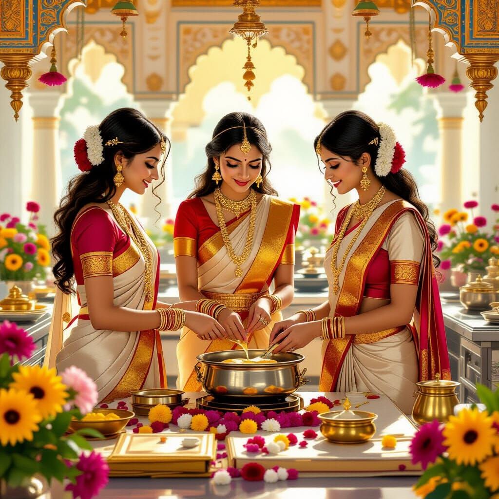 Matajis Prepare Prasadam in Alphonse Mucha Style