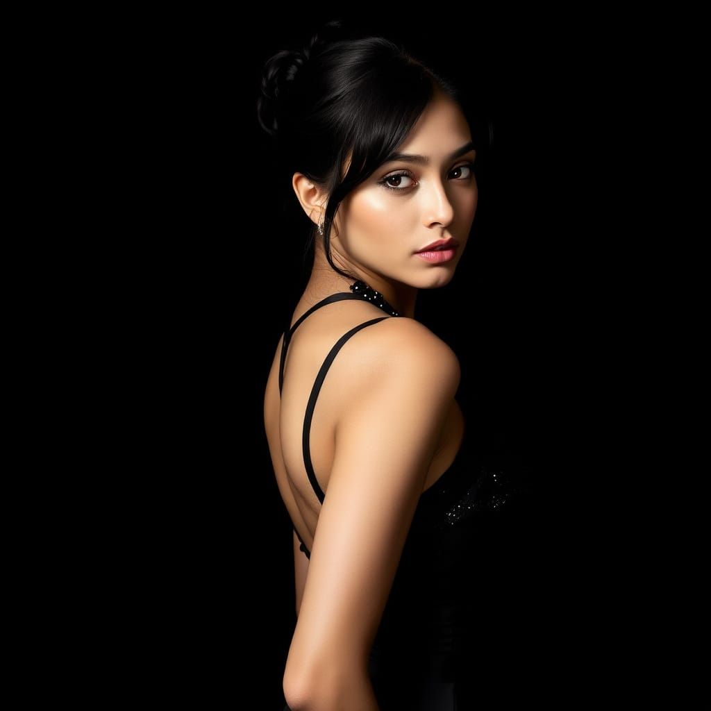 Elegant Latina Woman in Black Dress, Editorial Photography