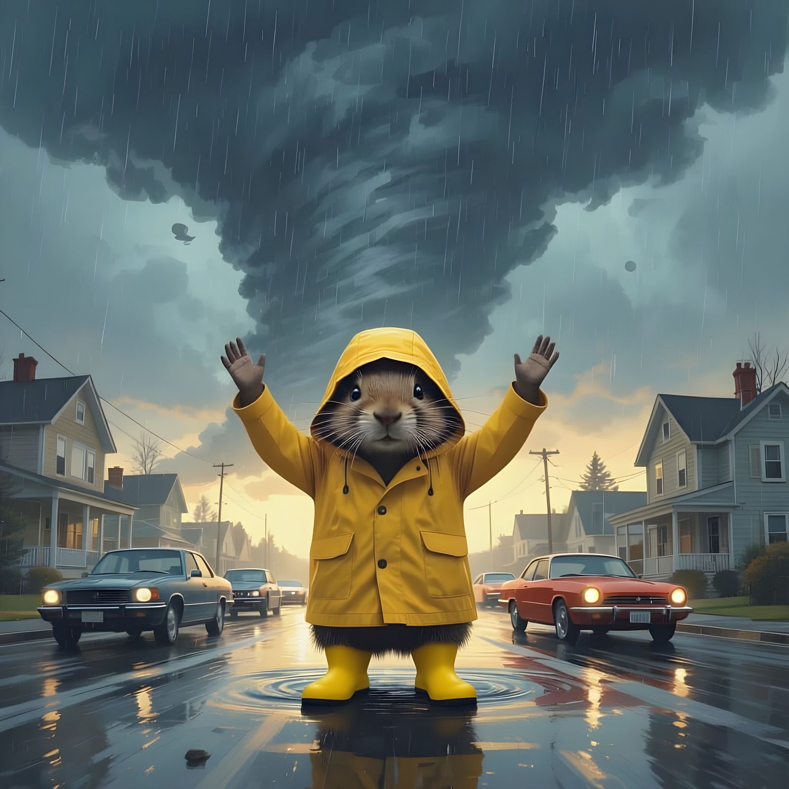 Gopher in a Dark, Rainy Tornado with Flying Debris