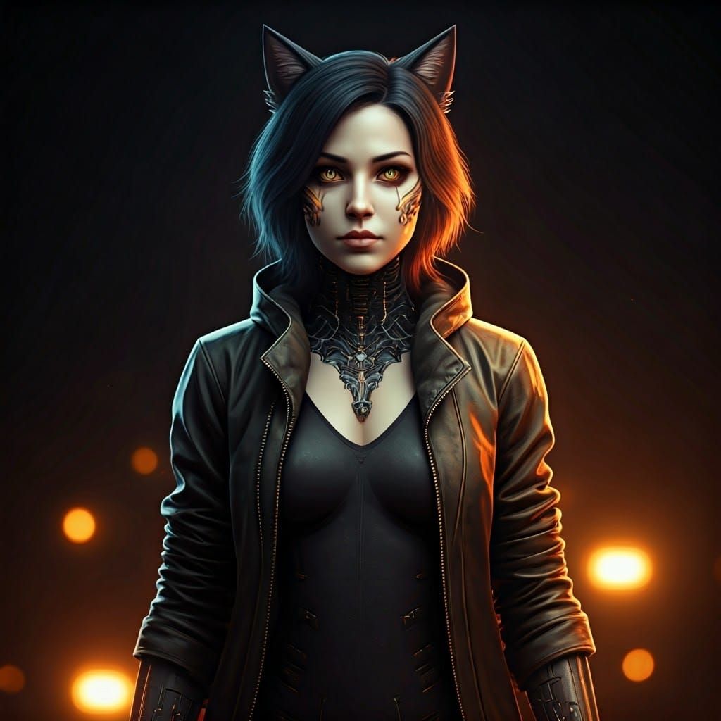 Cyberpunk Cybernetic Neko Girl in Dark, Hyper-Realistic Land...