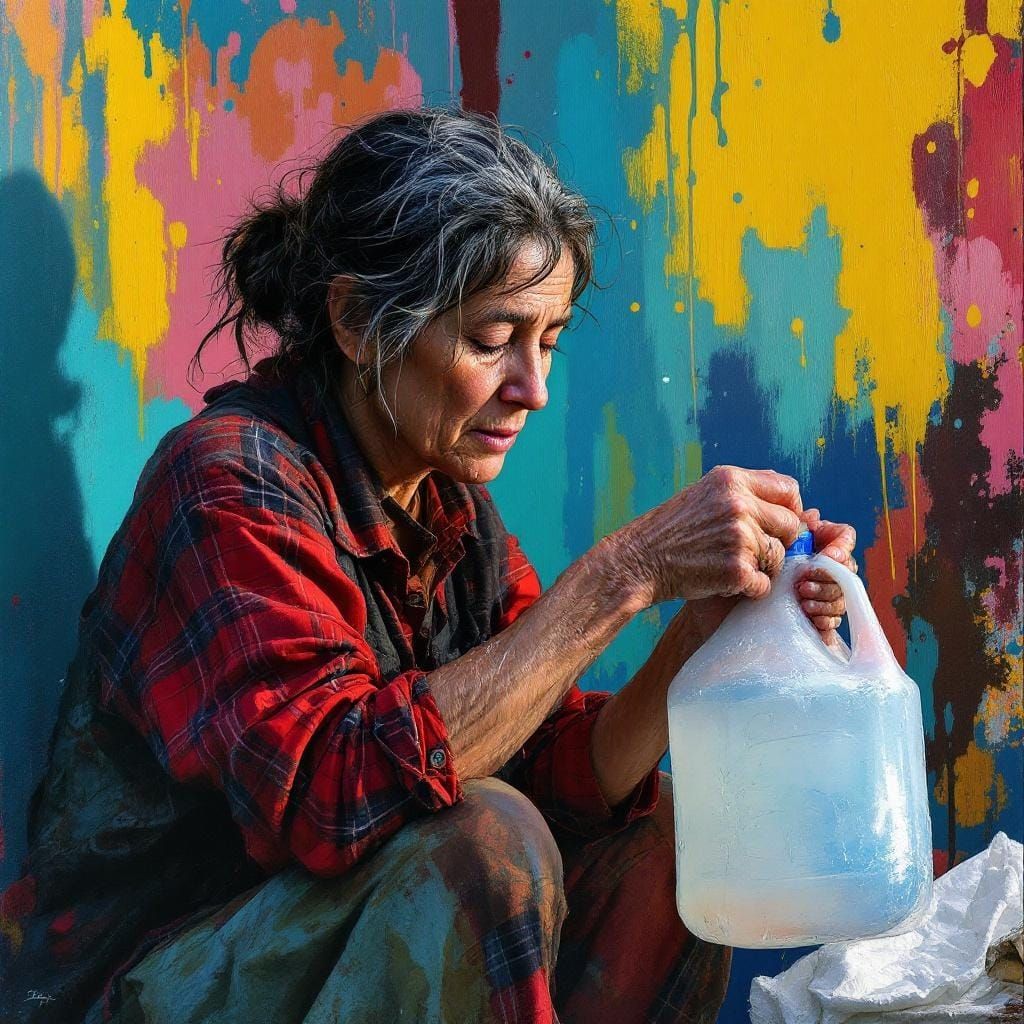 Homeless Woman Cleansing: Hyperrealistic Impressionist Art