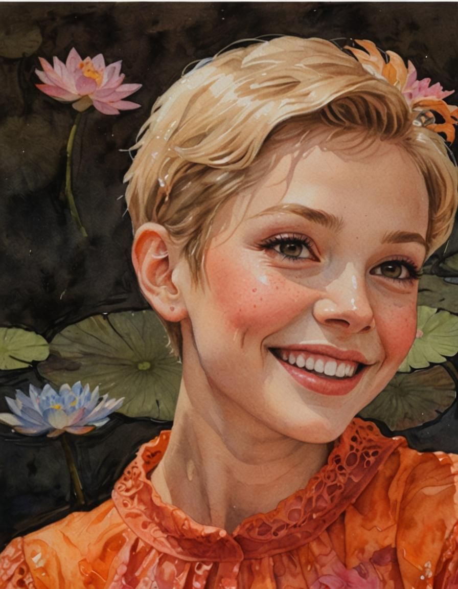 Happy Fairy with Water Lilies in Watercolor Painting