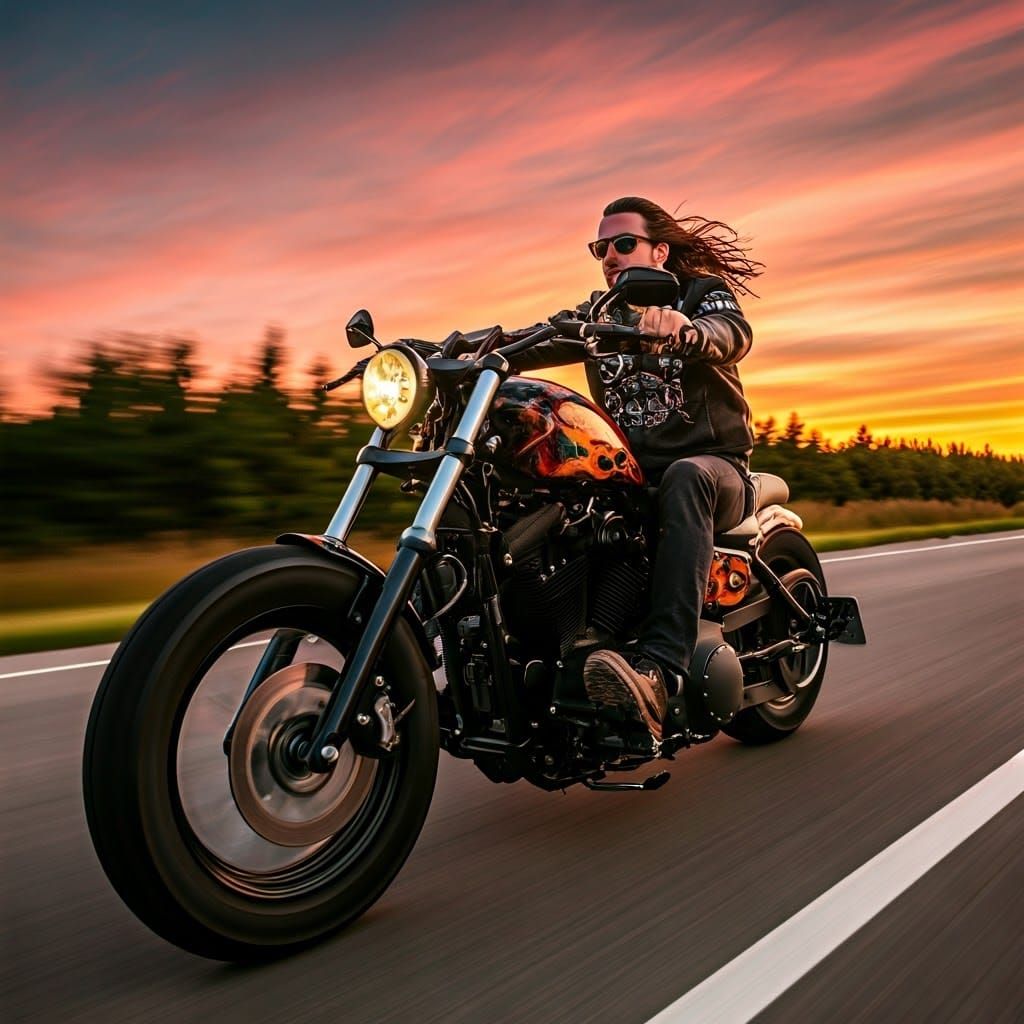 Chrome Harley Chopper Rides into a Fiery Sunset