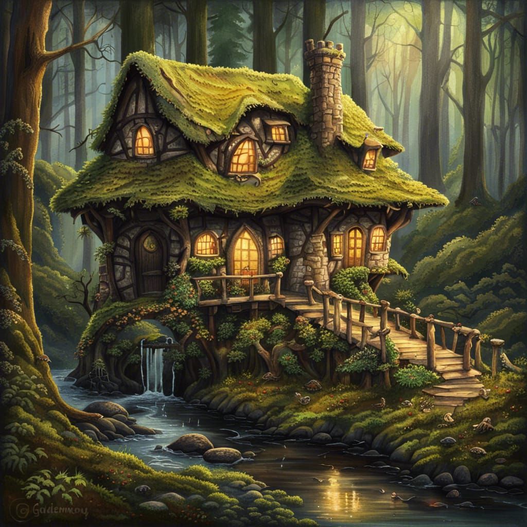 Dark Fantasy Tudor Cottage Treehouse in Gouache Style