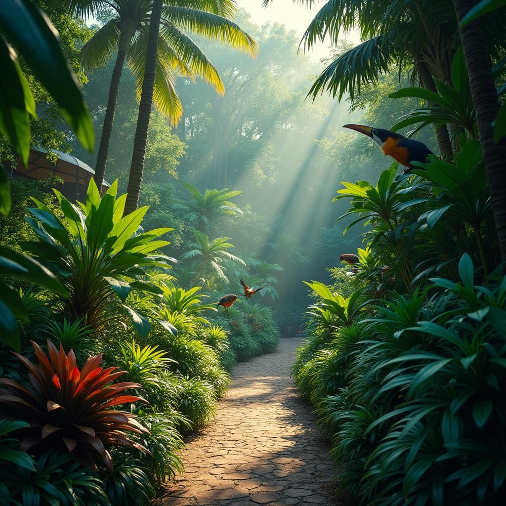 Lush Tropical Garden with Winding Path