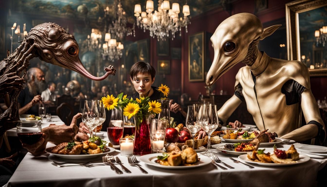 Surreal Alien Celebration in Restaurant: Hyperrealistic Pain...