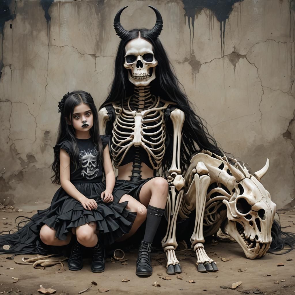 Pale Girl with Skeleton Horse in Hyperrealistic Style
