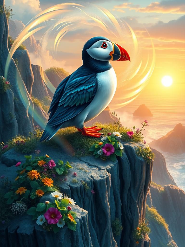 Majestic Puffin on Windswept Cliff in Dreamlike Style