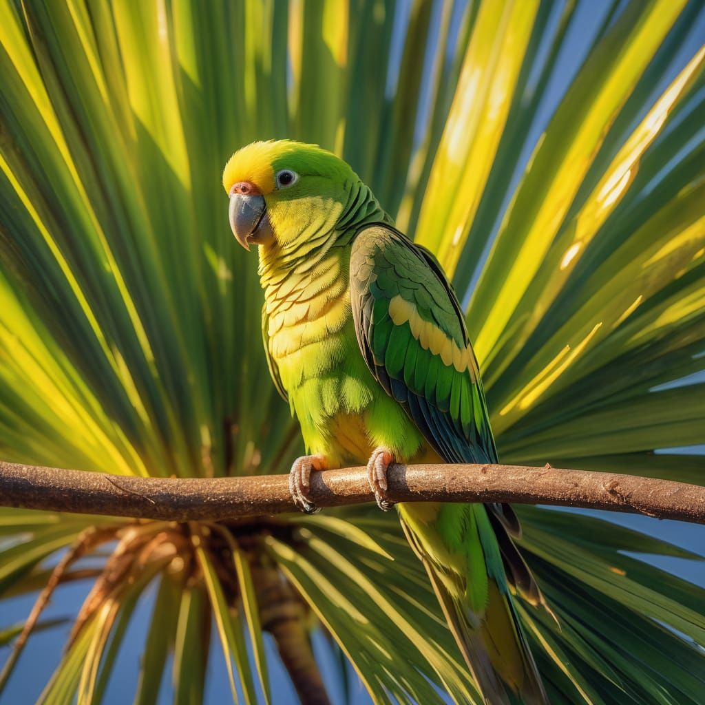 Carolina Parakeet in Palmetto Tree: Macro Photography
