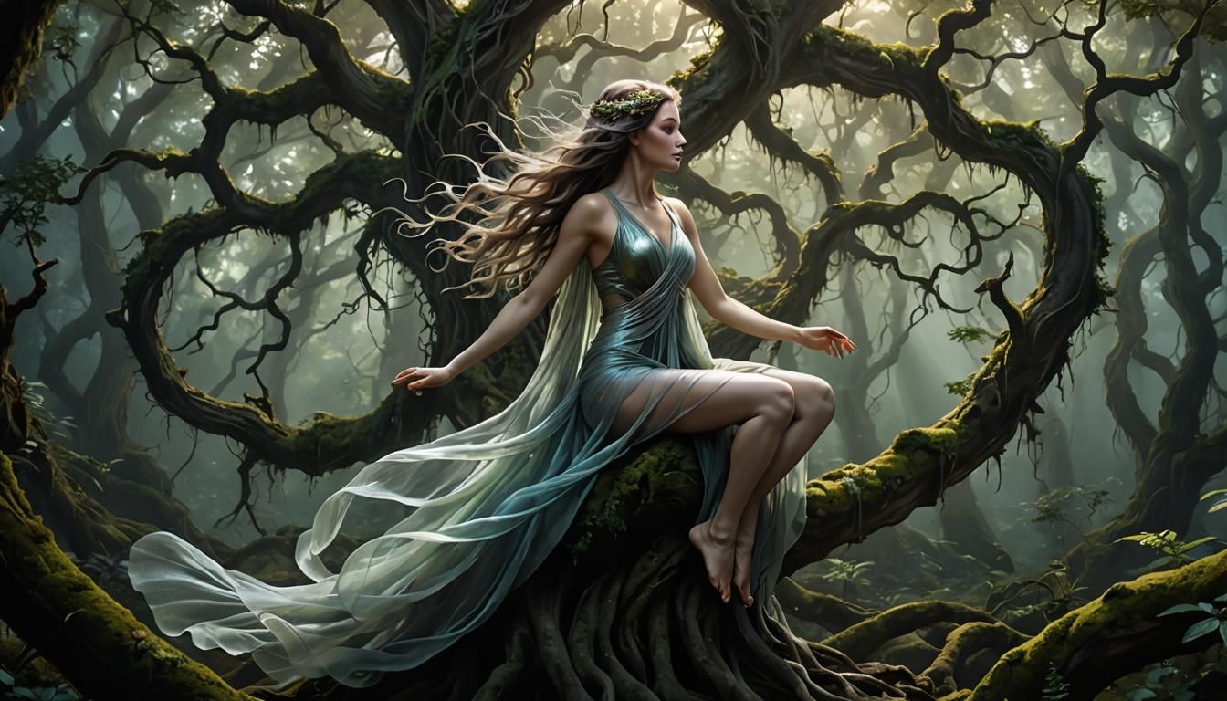 Ethereal Woman Merging with Ancient Tree in Dark Forest