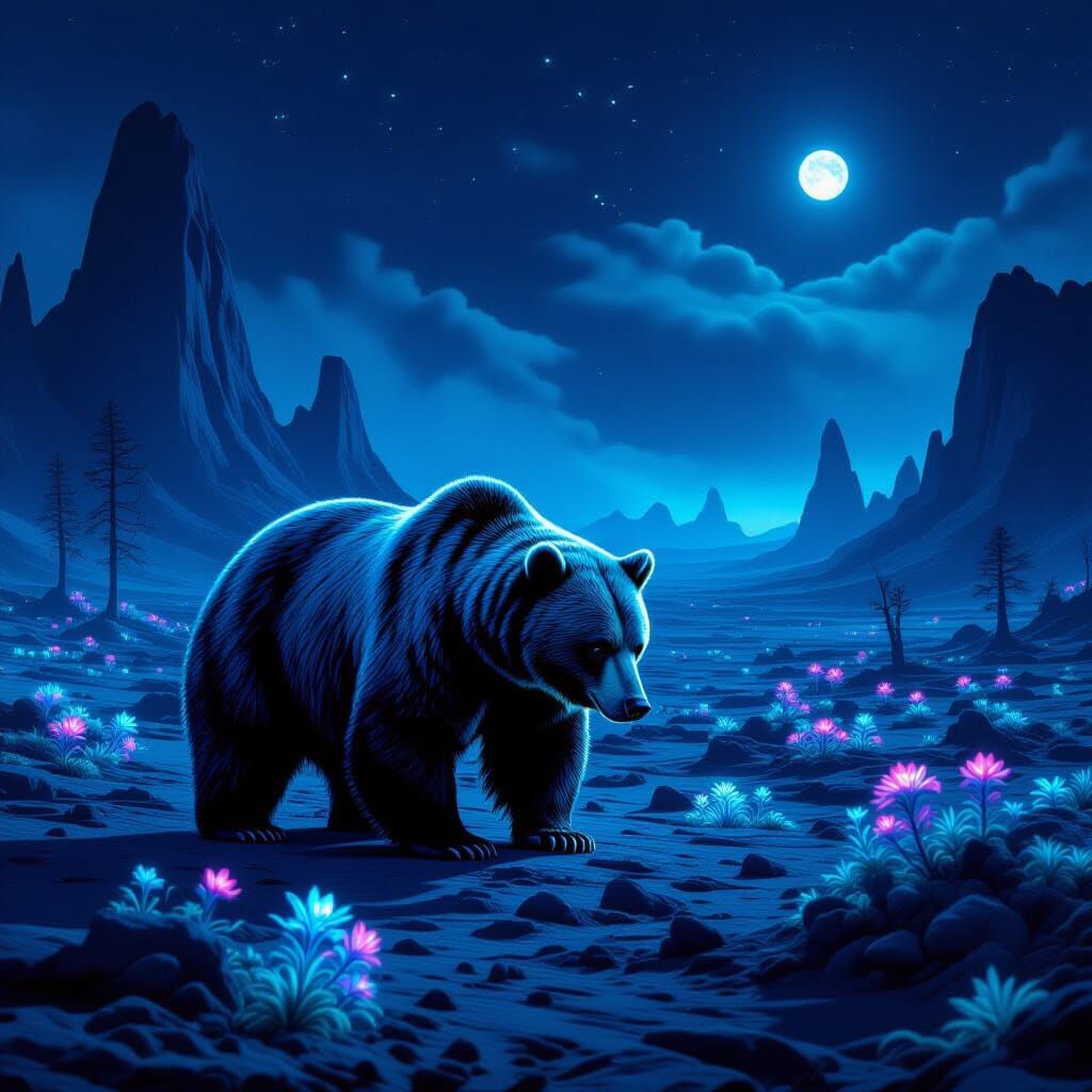 Bioluminescent Multi-Snouted Bear in Alien Landscape