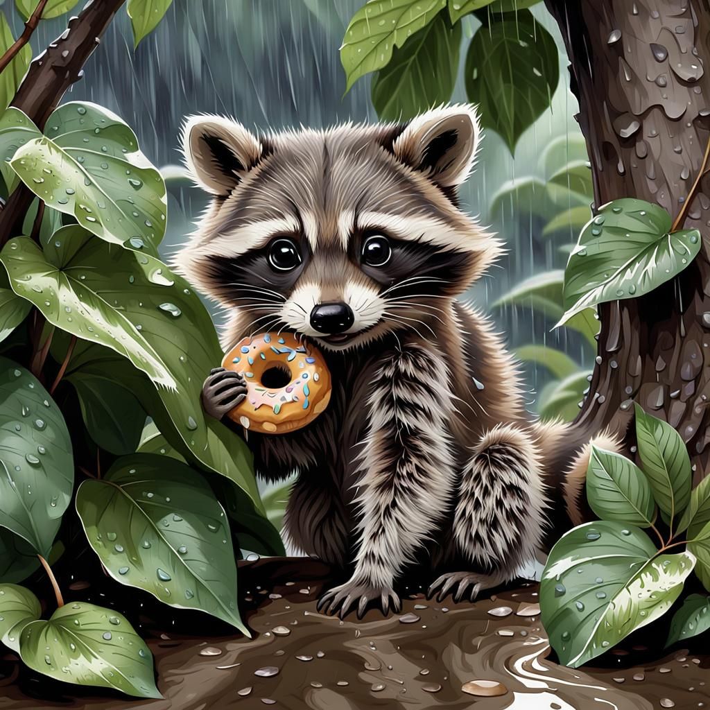 Adorable Raccoon with Donut in Rainy Thronburn Style