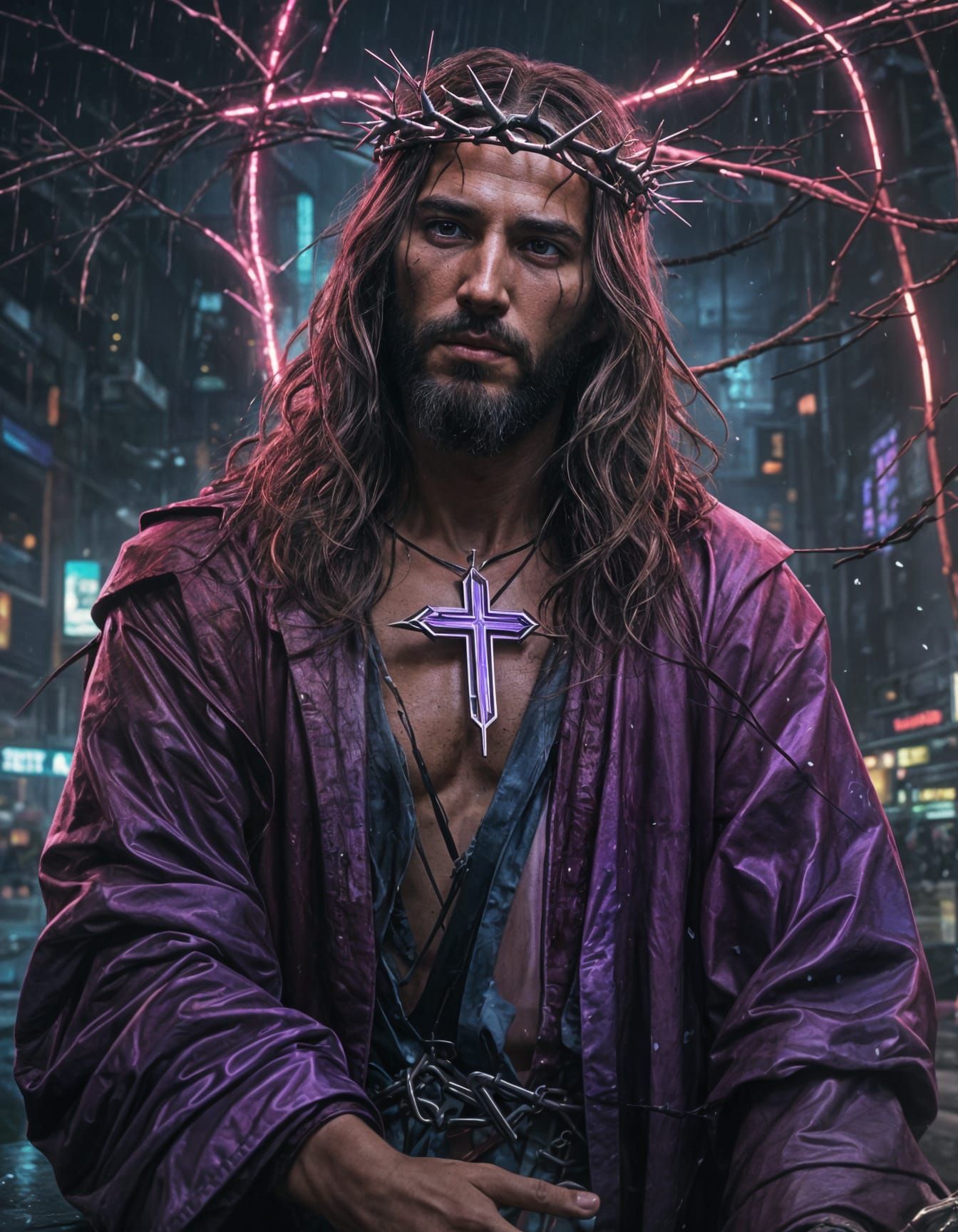 Cyberpunk Jesus with Thorns in Colorful Ink