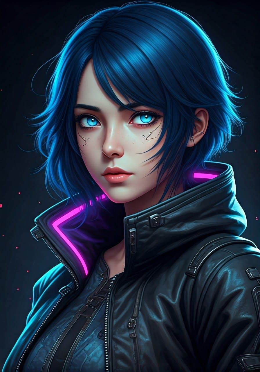 Cyberpunk Hacker Girl in Vibrant Blue Hair and Neon Jacket