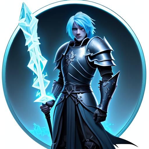 a knight with light blue hair. Wearing black metal armour with a dragon symbol on it. holding a crystal sword that is gl...
