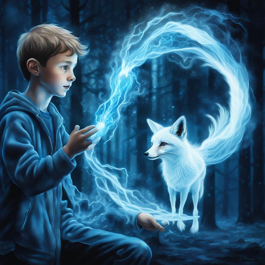 Wizard Boy with Bioluminescent Fox Patronus