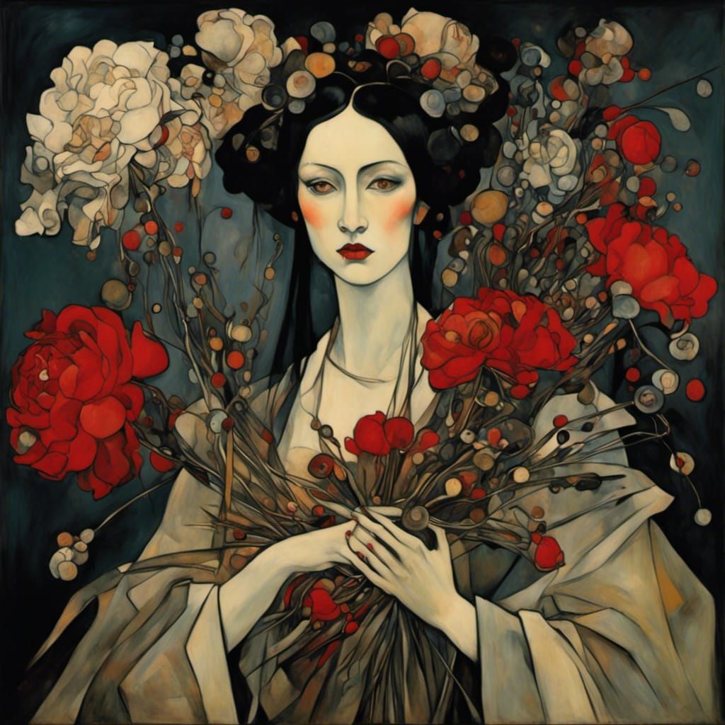 Lady with Peonies in Dreamy Pastel Style