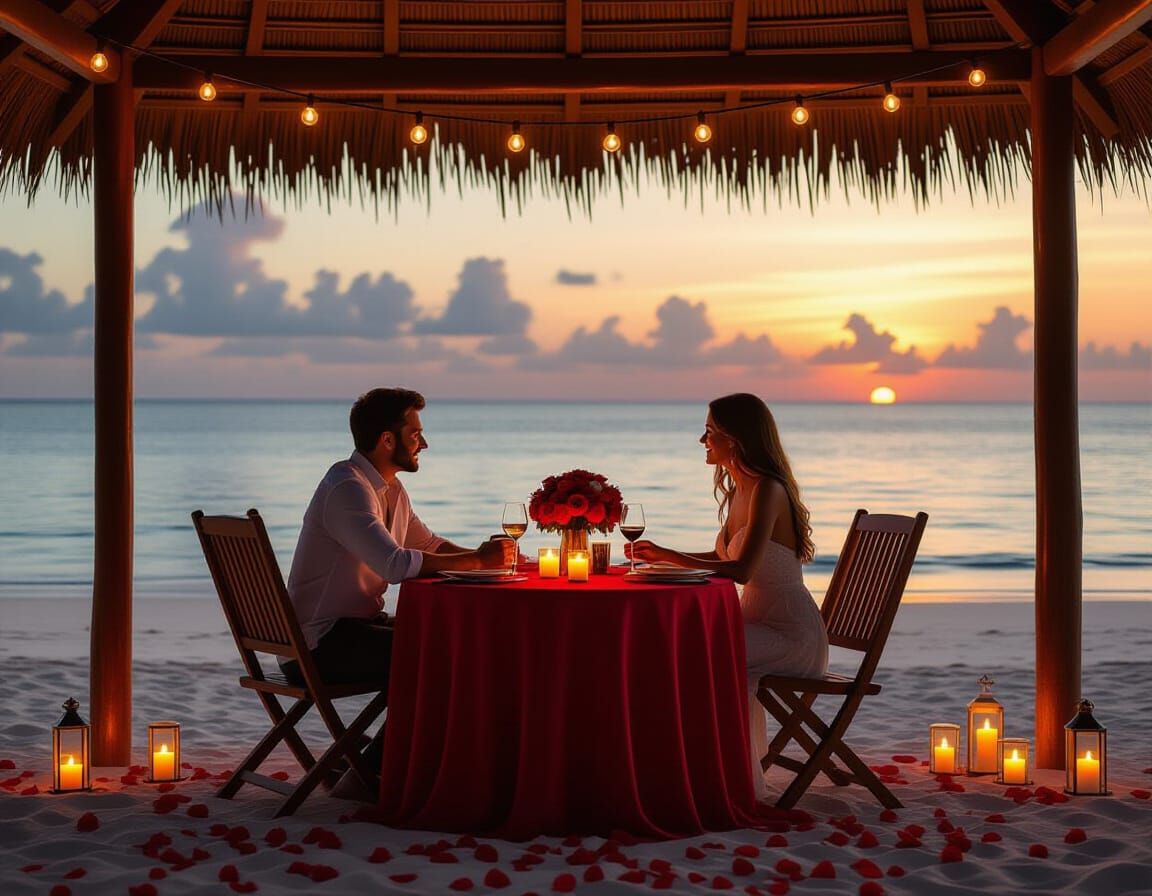 Romantic Beach Dinner at Sunset, Photorealistic