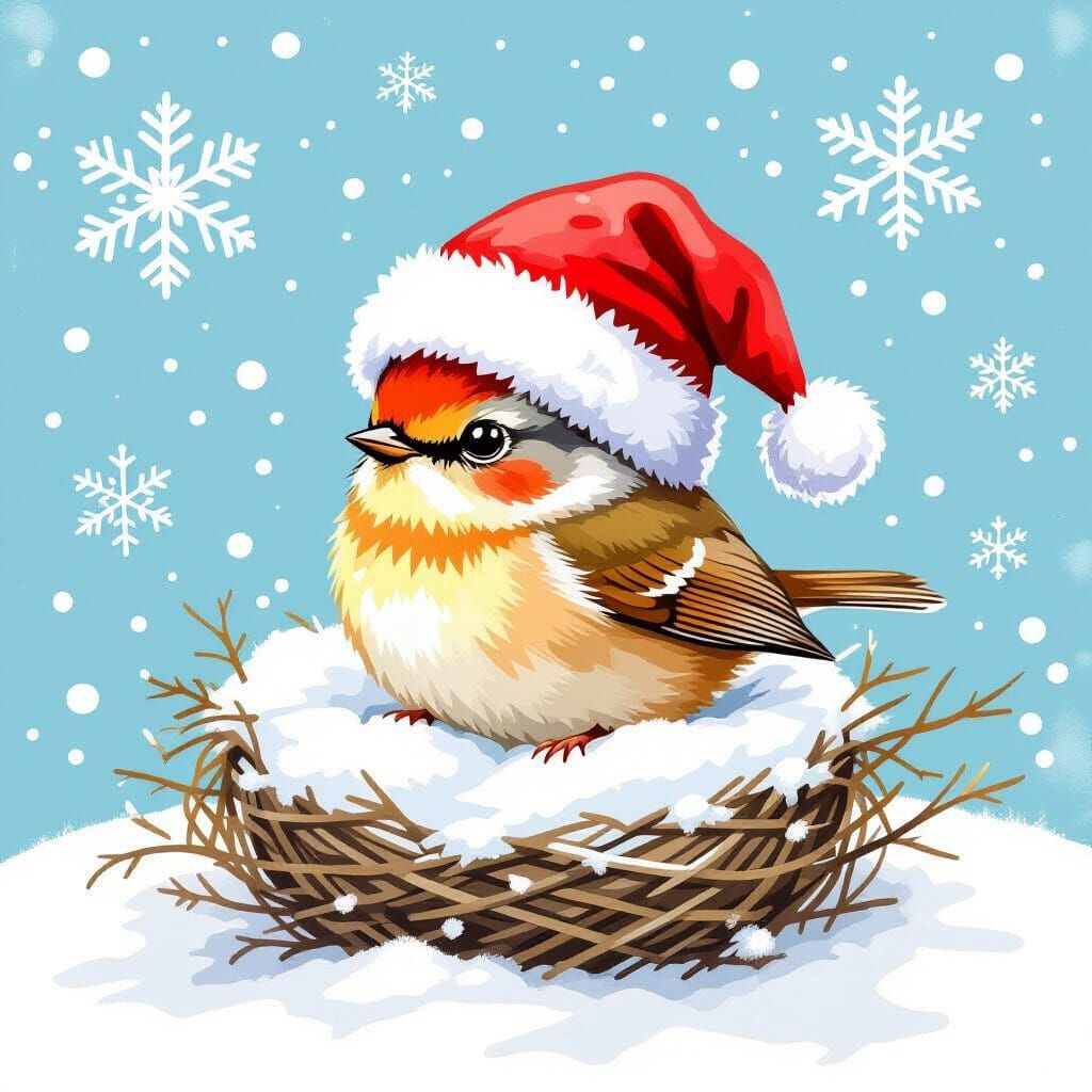 Festive Bird in Santa Hat on Snowy Nest