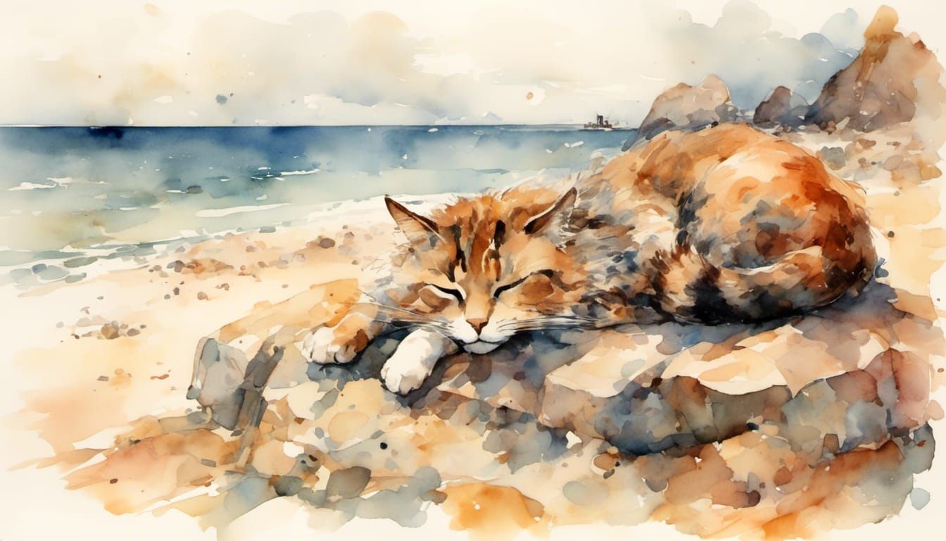 Watercolor Cat Sleeping at the Beach