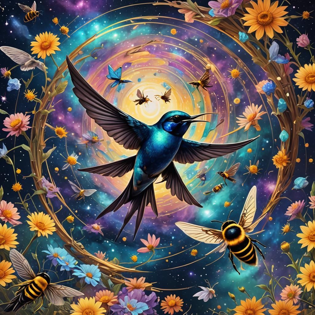 Swallow Chasing Bee: Holographic Astral Illustration