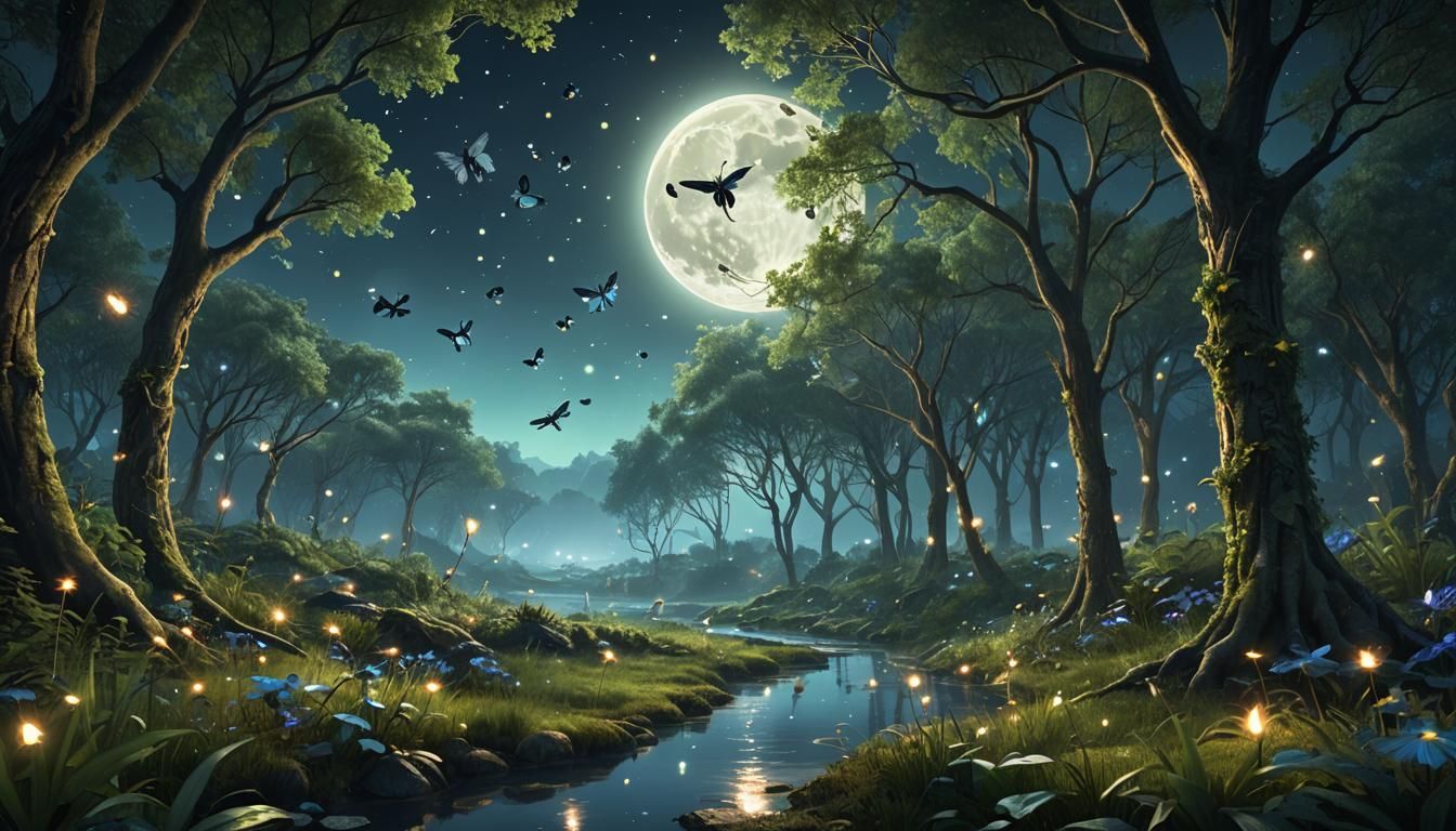 Enchanted Forest with Fairies and Dragonflies