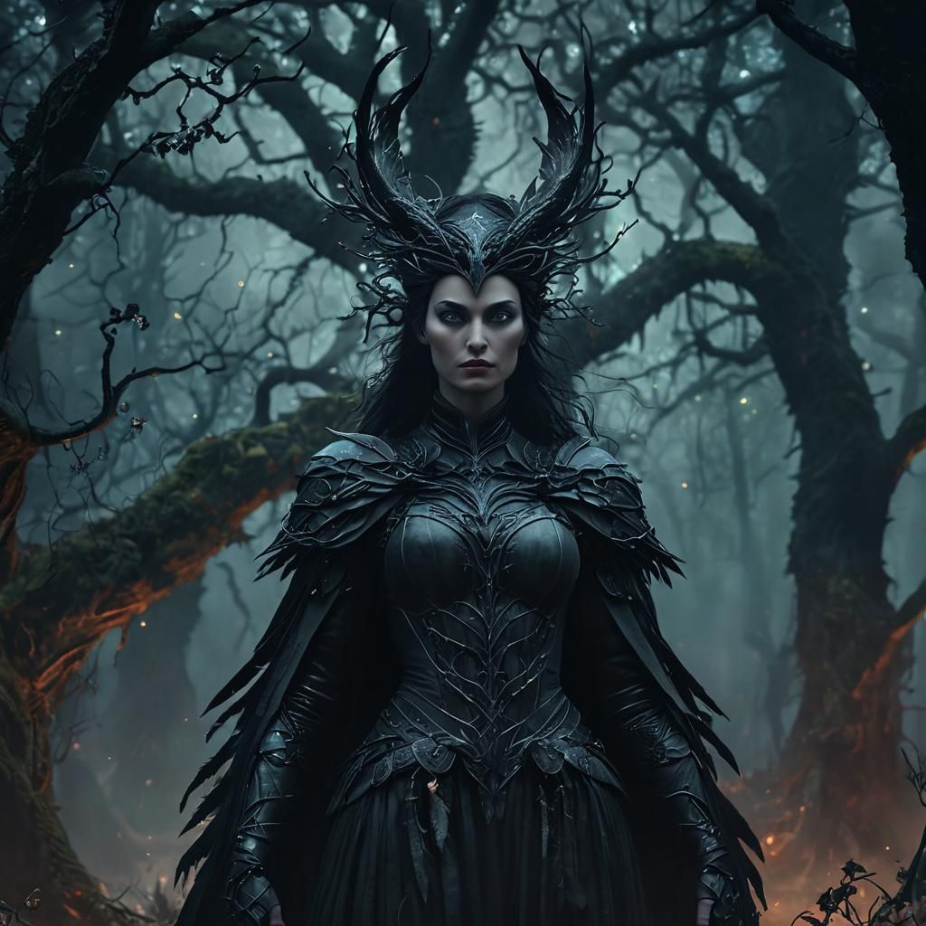 Morrigan in Mystical Forest, Dark Fantasy Illustration