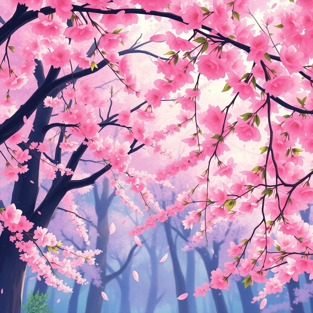 Whimsical Cherry Blossom Forest in Full Bloom