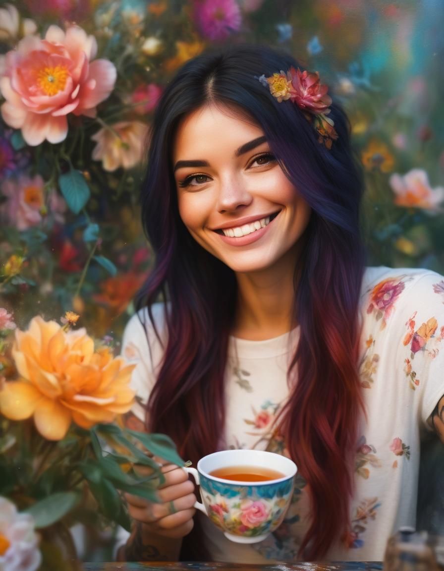 Tattooed Girl with Tea: Vibrant Oil Painting