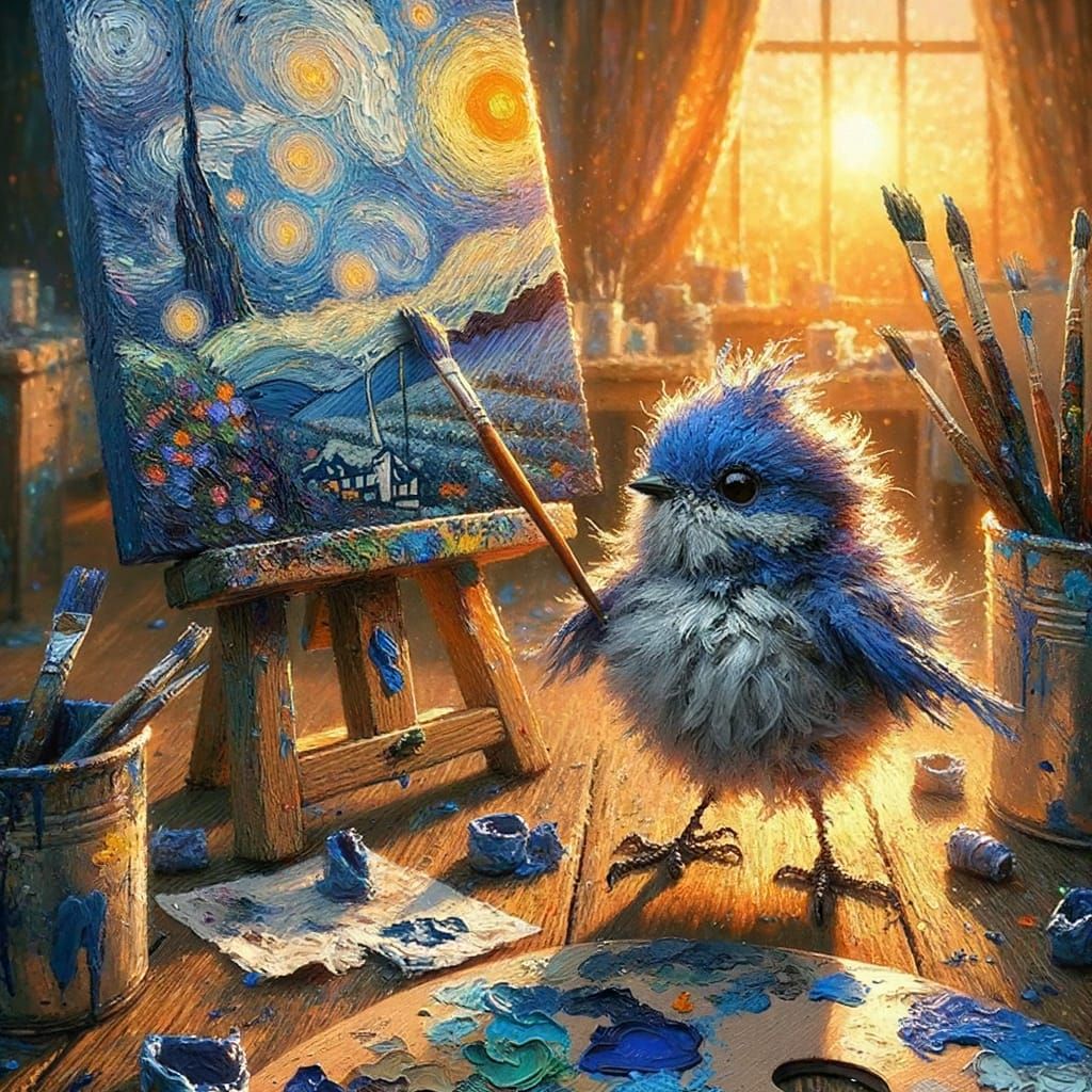Whimsical Bird Artist in Impressionist Oil Painting