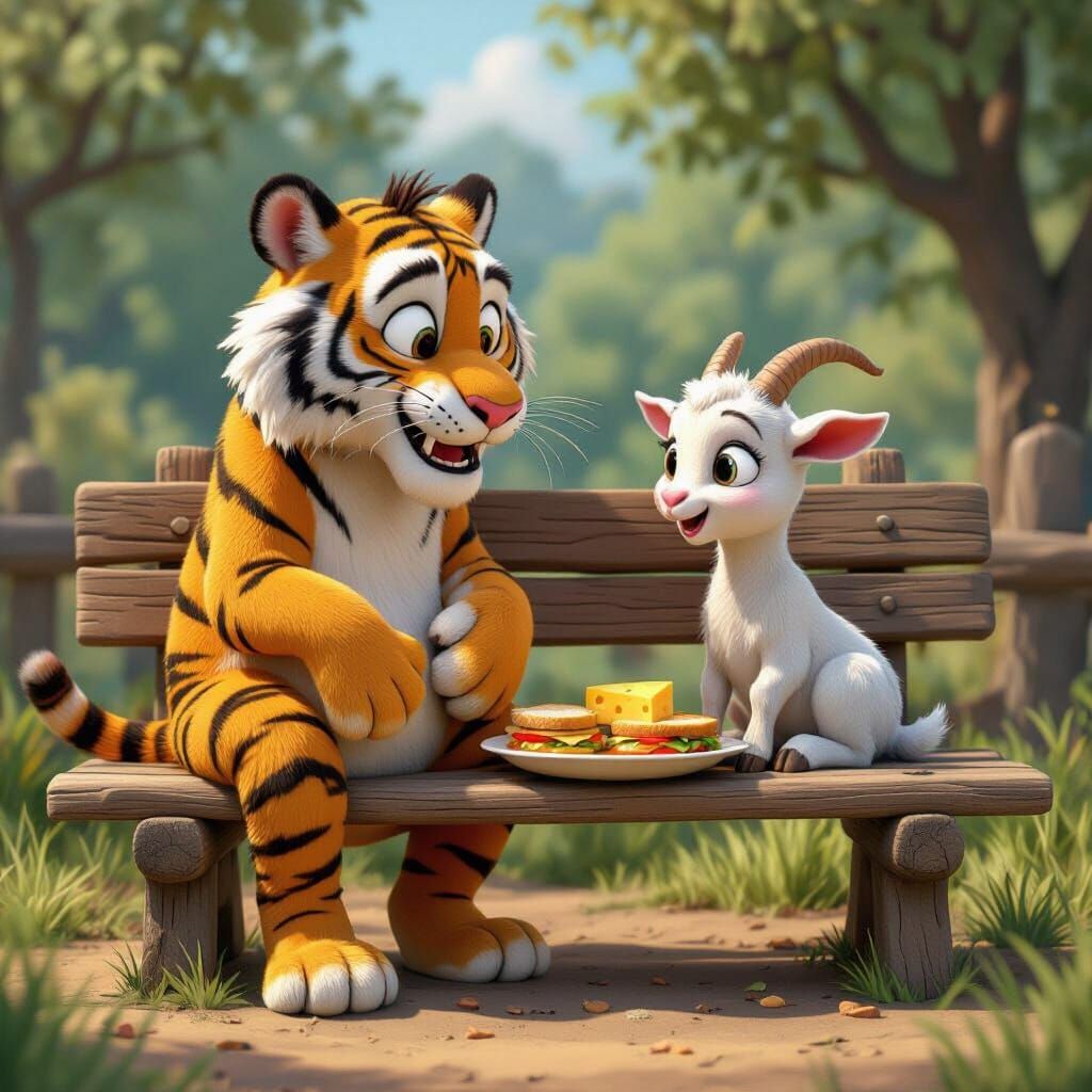 Whimsical Tiger and Goat Chat: Pixar-Style 3D Art