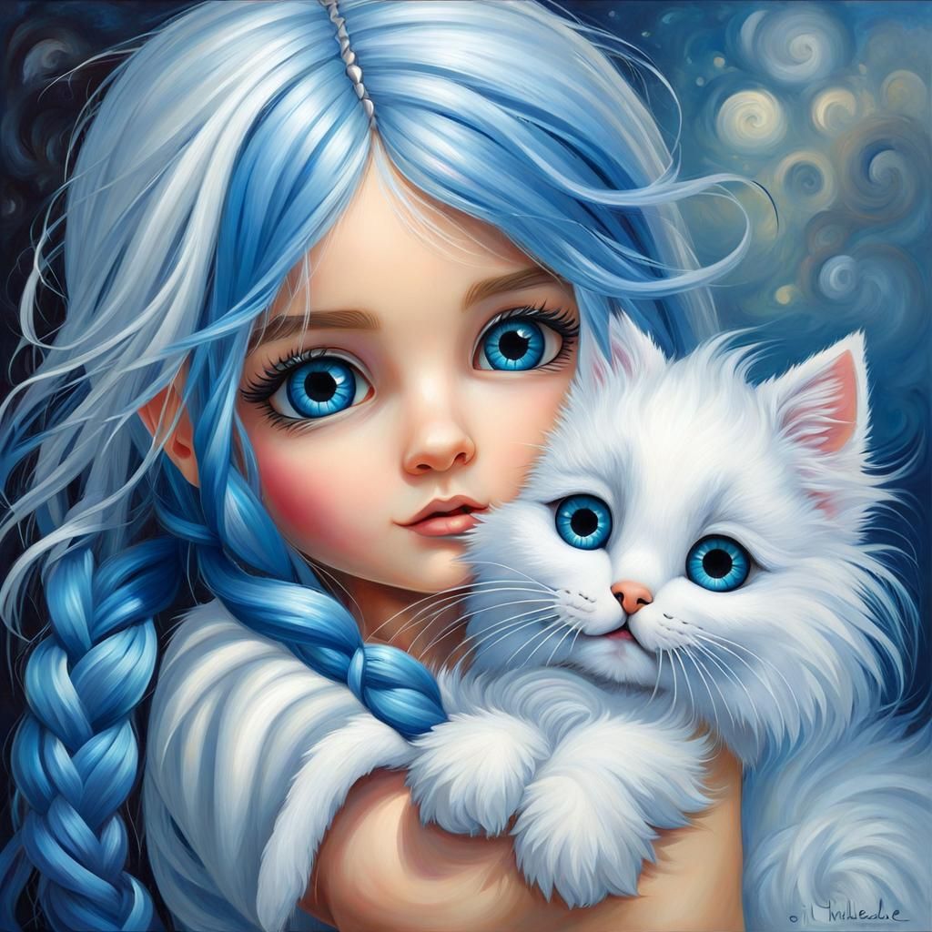 Chibi Girl Hugging Kitten in Oil Painting Style