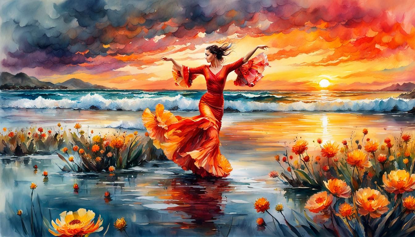 Flamenco Dancer in Sunset, Digital Watercolor Art