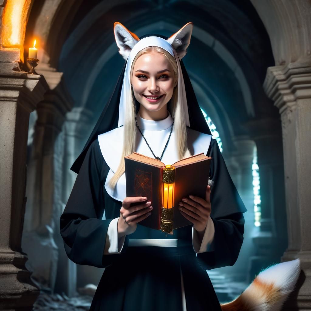 Kitsune Nun with Sacred Tome in Gothic Art Style