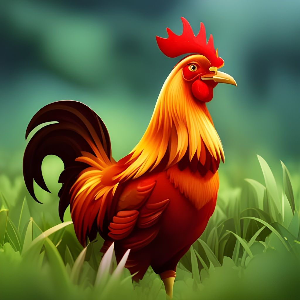Fantastical Rooster in Deep Green Grass